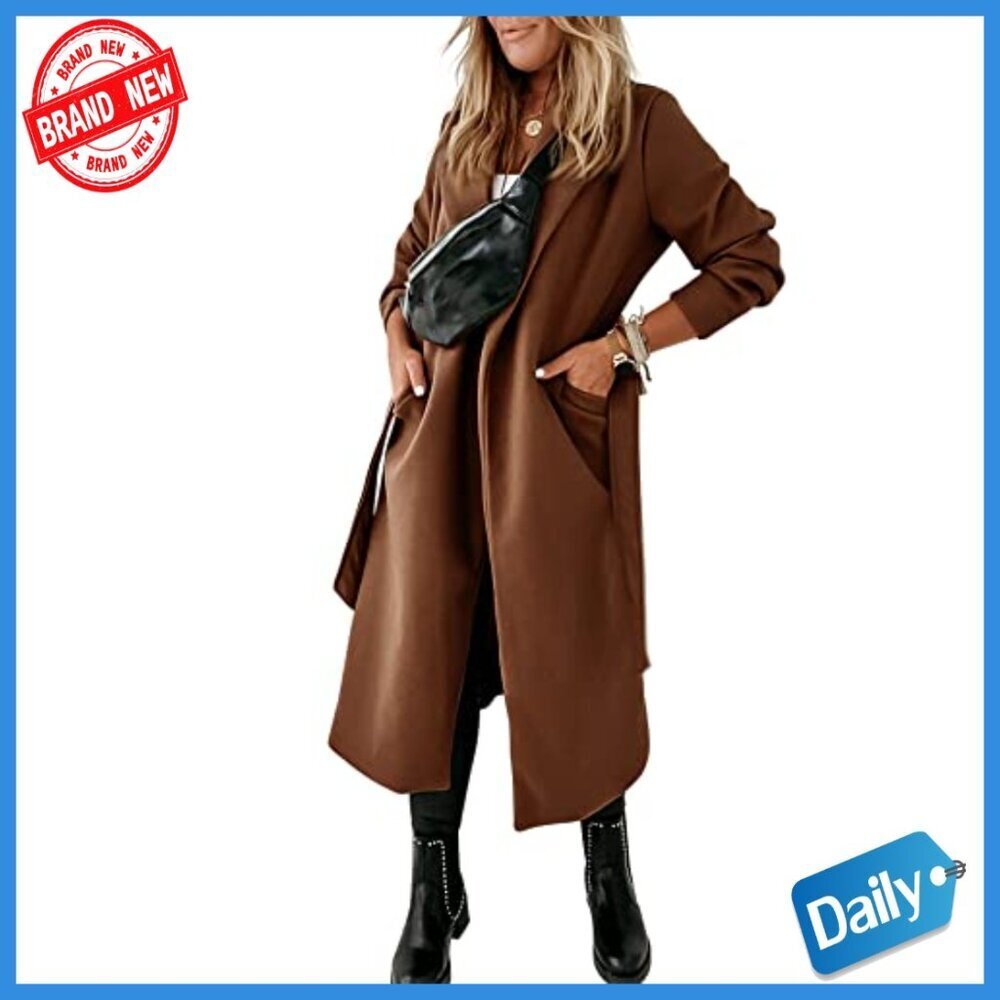 Long Wool Pea Coat with Belt Lapel Collar Open Front Winter Jacket - Picture 4 of 7